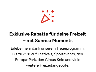 Rotes Konfetti-Symbol mit Text: Exklusive Rabatte auf Freizeitaktivitäten mit Sunrise Moments. Bis zu 25 % Rabatt auf Festivals, Events etc.