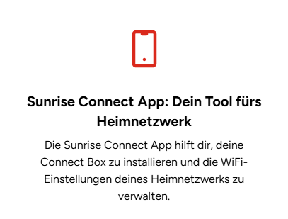 Symbol der Sunrise Connect App: ein rotes Telefon über einem Text, der die App zum Installieren und Verwalten der WLAN-Einstellungen zu Hause beschreibt.