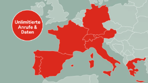 Karte mit hervorgehobenem Europa und Details zu „Unbegrenzte Anrufe und Daten“ und „+3 GB in Europa, den USA und Kanada“.