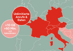 Karte mit rot hervorgehobenen europäischen Ländern, mit unbegrenzten Anrufen und Daten sowie 10 GB Daten + 60 Min. in Balkanländern.