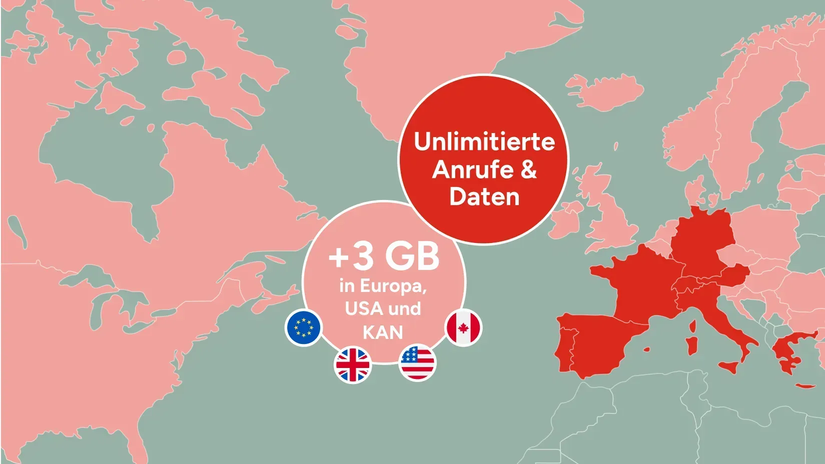 Karte mit hervorgehobenem Europa und Details zu „Unbegrenzte Anrufe und Daten“ und „+3 GB in Europa, den USA und Kanada“.