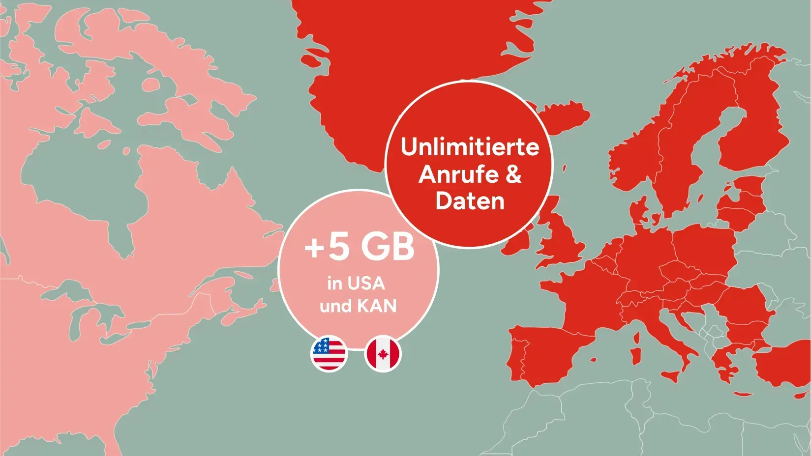 Karte mit unbegrenzten Anrufen und Daten in Europa, +5 GB in den USA und Kanada, rot markiert.
