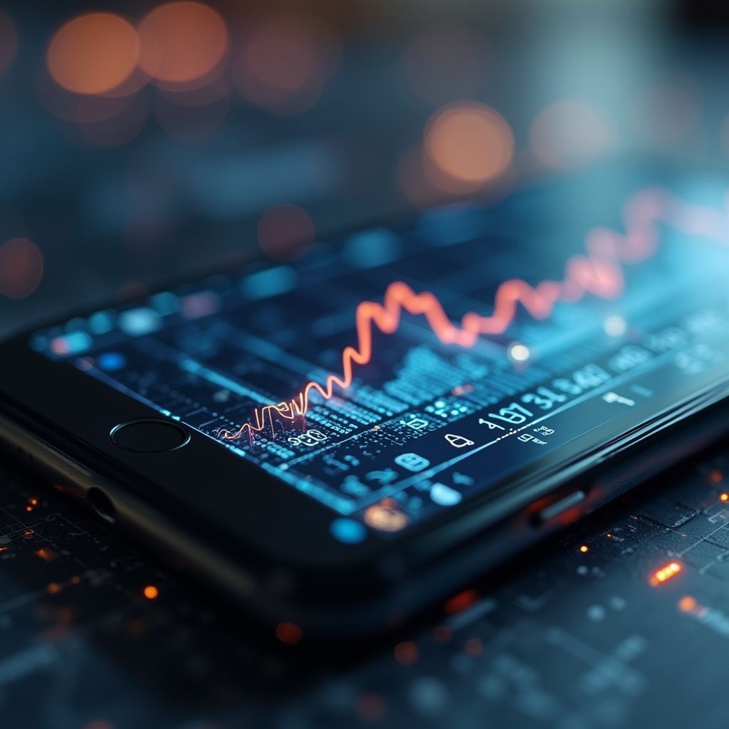 Smartphone, das ein Börsendiagramm in Rot und Blau mit Daten und Lichtern anzeigt, was auf eine Finanzanalyse hindeutet.