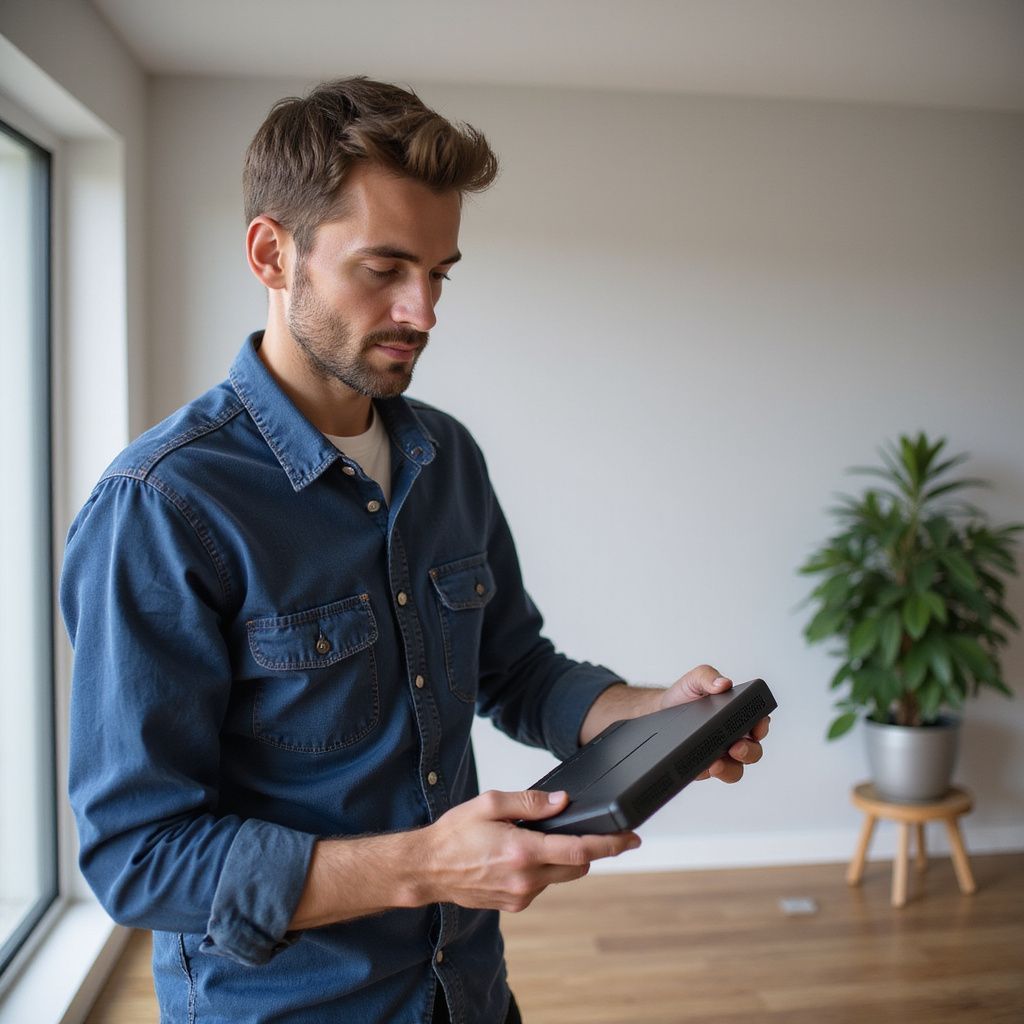 Mann hält einen schwarzen Laptop und blickt nach unten. Er trägt ein Jeanshemd und steht in einem Raum mit einer Pflanze.