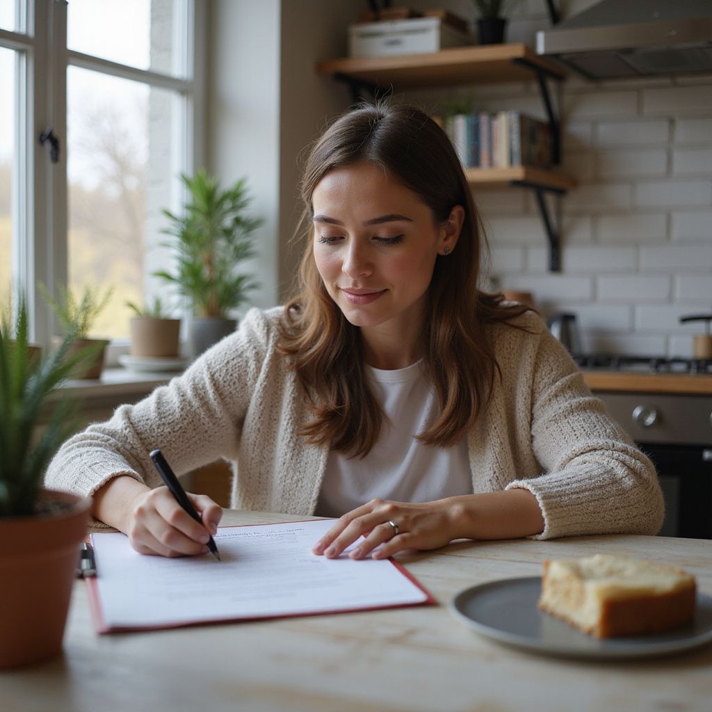 Frau schreibt an einem Tisch in einer Küche. Sie trägt einen cremefarbenen Pullover und lächelt. Auf einem Teller liegt ein Stück Kuchen.