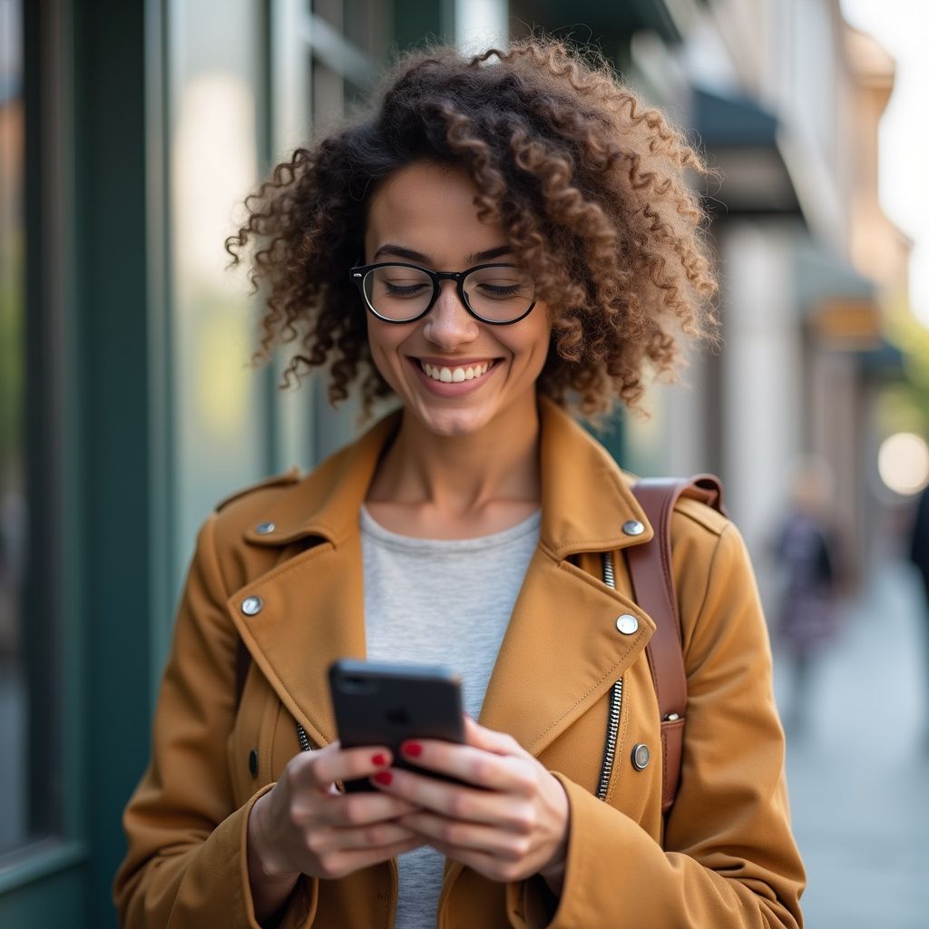 Frau mit lockigem Haar lächelt, während sie im Freien auf ihr Telefon schaut. Sie trägt eine Brille und eine gelbe Jacke.