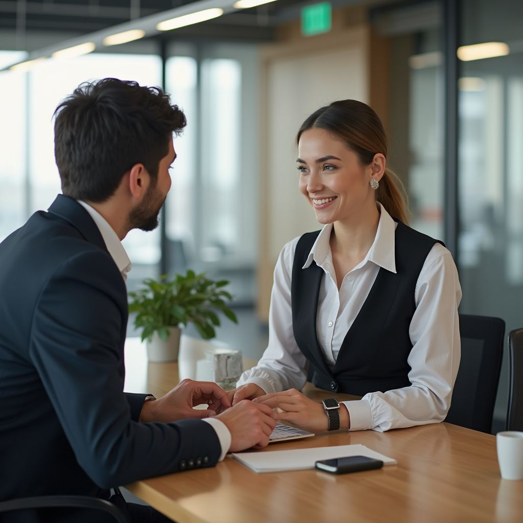 Mann und Frau an einem Tisch in einem Büro. Frau lächelt und sieht Mann an.