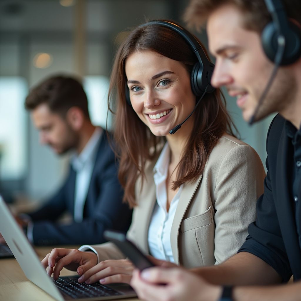 Lächelnde Frau mit Headset sitzt mit Laptop an einem Schreibtisch und arbeitet mit einem Kollegen. Büroumgebung.