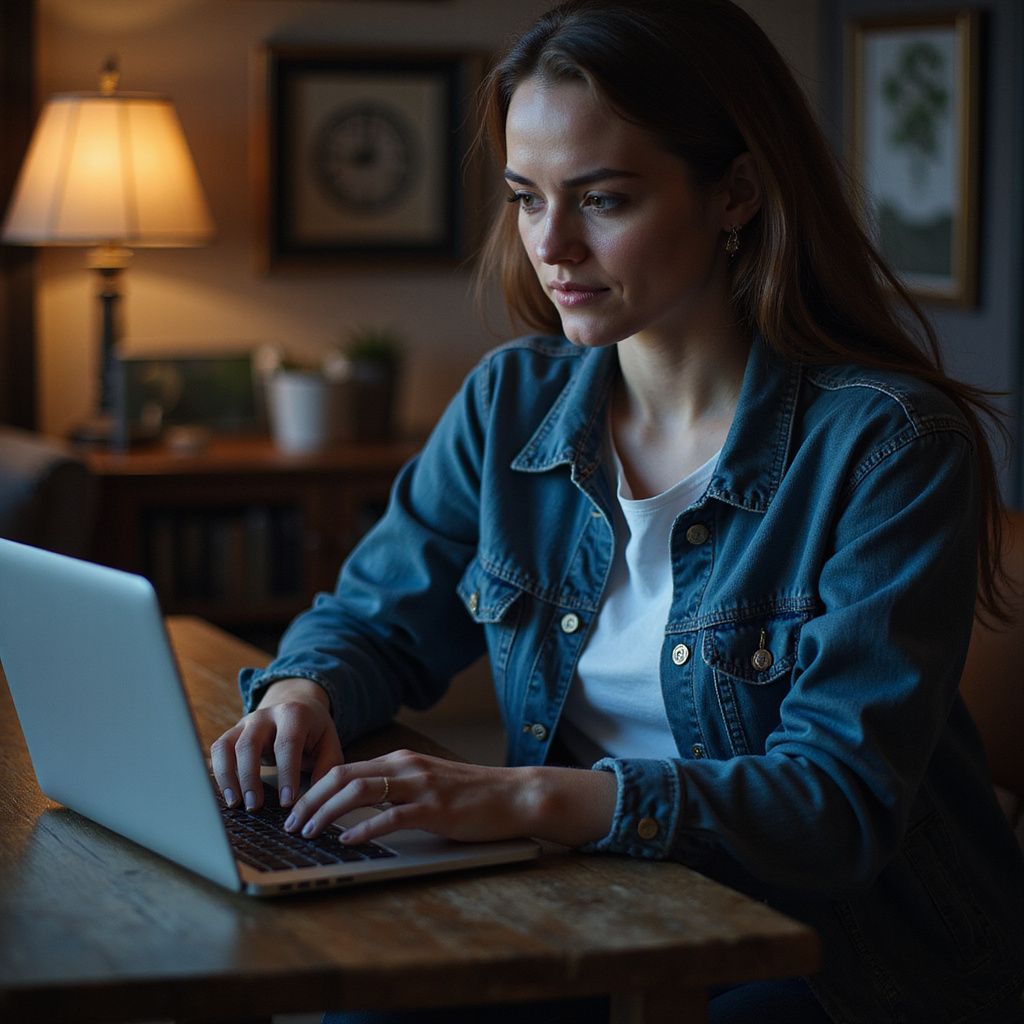 Frau in Jeansjacke tippt drinnen am Holztisch auf dem Laptop.