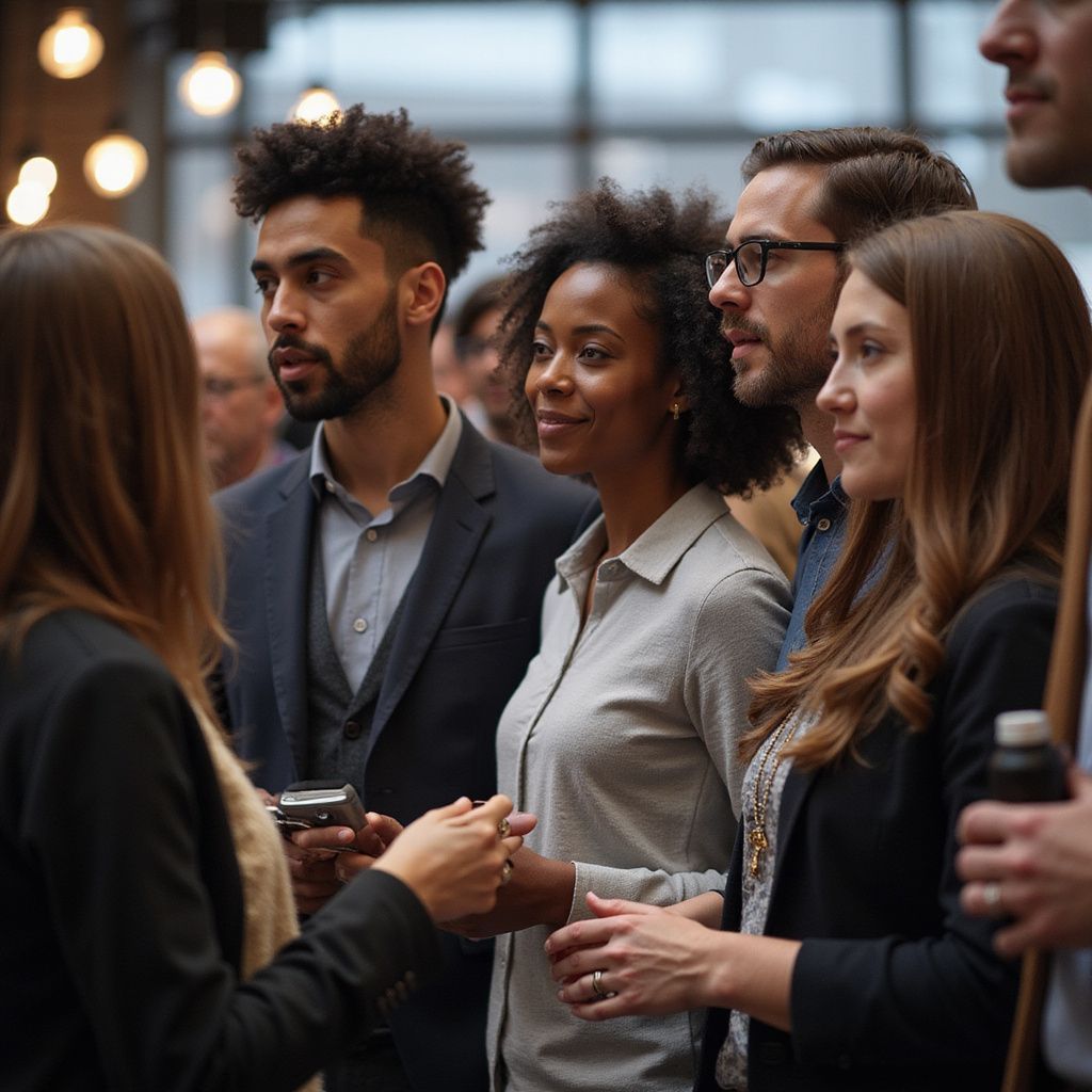 Eine Gruppe unterschiedlicher Fachleute knüpft bei einer Veranstaltung Kontakte, lächelt und unterhält sich.