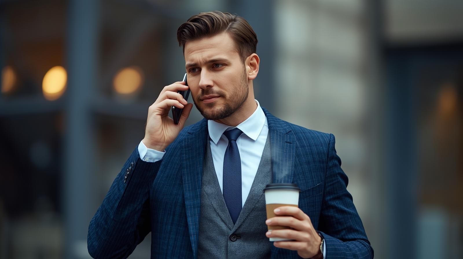 Mann im Anzug, telefoniert, hält Kaffee in der Hand, geht mit konzentriertem Gesichtsausdruck durch eine städtische Umgebung.