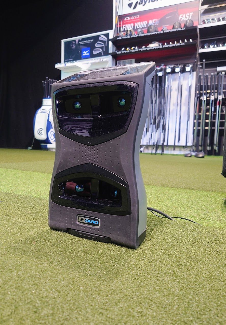 Zwarte golftas met golfclubs op een groene golfbaan, zonlicht op de achtergrond.