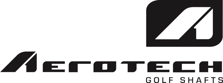 Het logo van Aerotech Golf Shafts: zwarte, gestileerde tekst en een zwart vierkant met een witte, schuine 