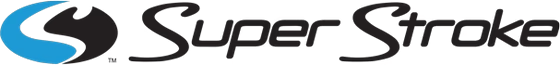 Het SuperStroke-logo in zwart cursief schrift met een blauw-zwarte krul.