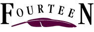 Veertien tekst met een paarse veer eronder.