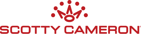 Het Scotty Cameron-logo met een rode kroon en tekst.