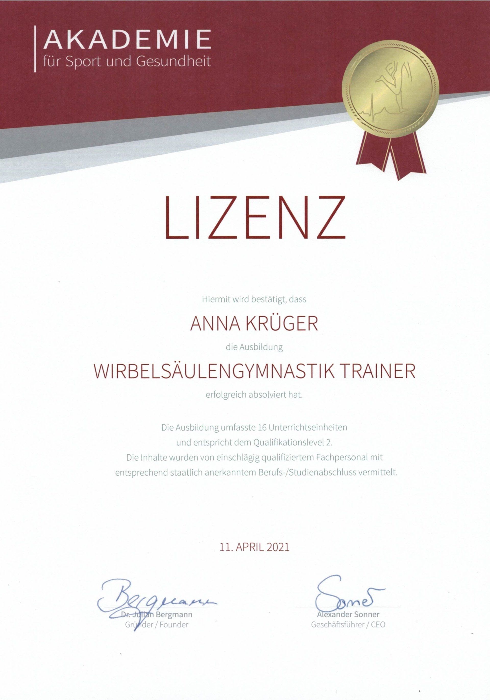 Akademie für Sport und Gesundheit Wirbelsäulengymnastik Trainer