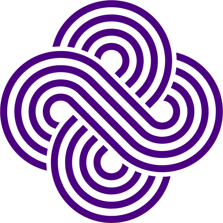 A purple and white swirl logo on a white background.