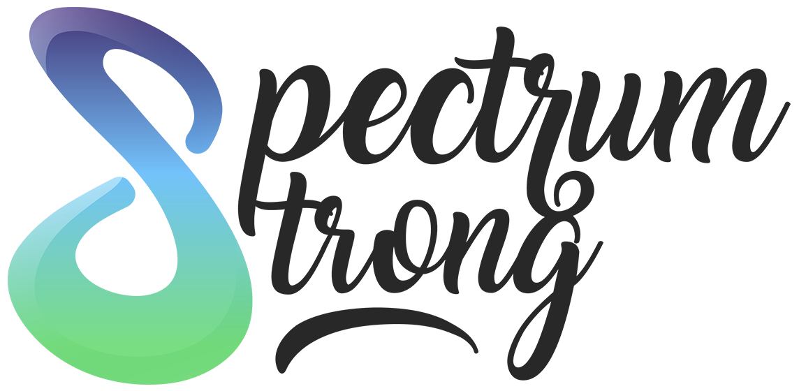A logo for spectrum strong with a blue , green and purple swirl.