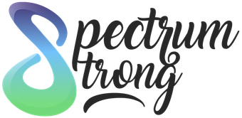 A logo for spectrum strong with a blue , green and purple swirl.
