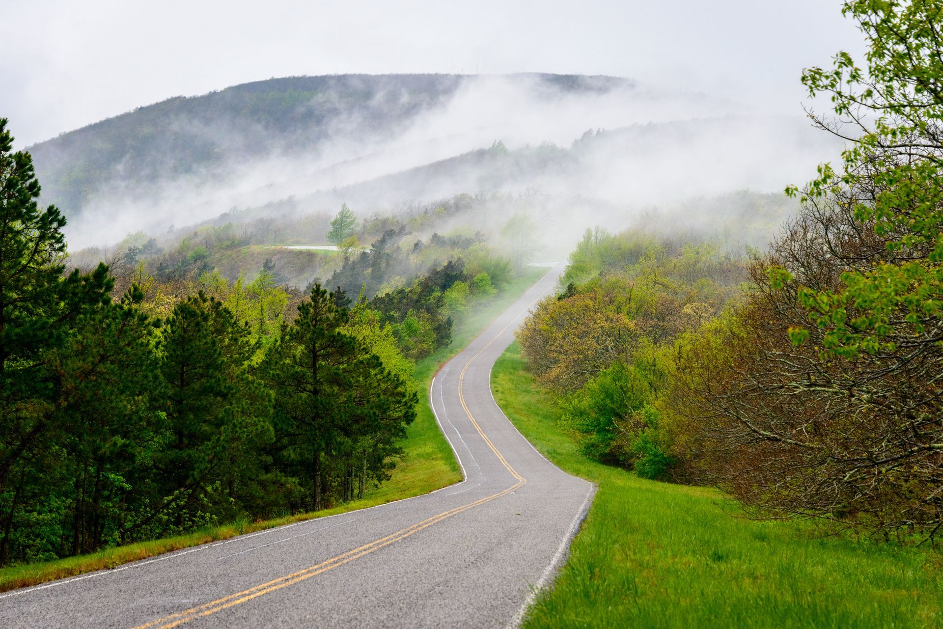 Winding road through lush green hills, partly obscured by fog, under a cloudy sky.