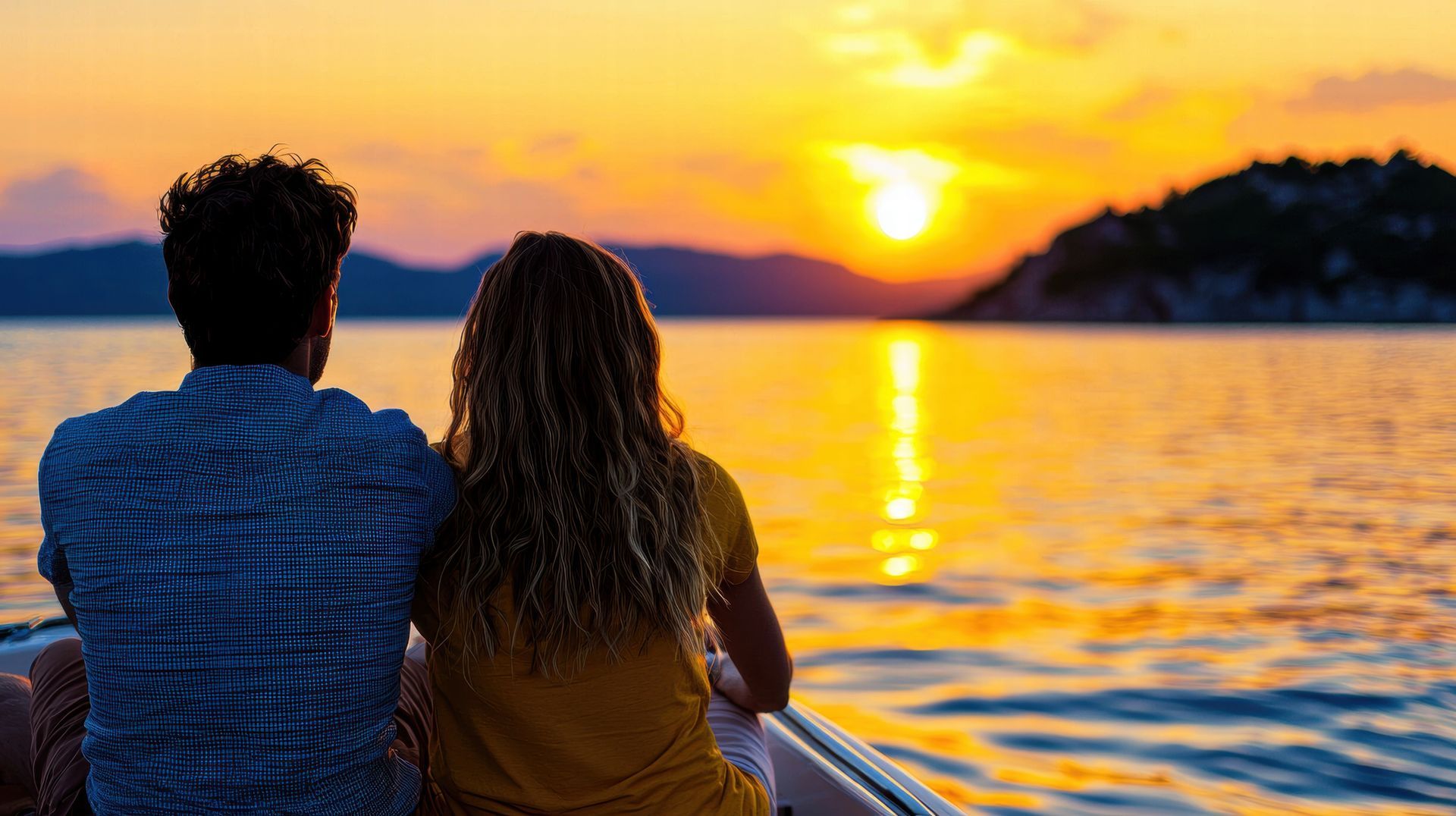 A man and a woman are sitting on a boat watching the sunset.