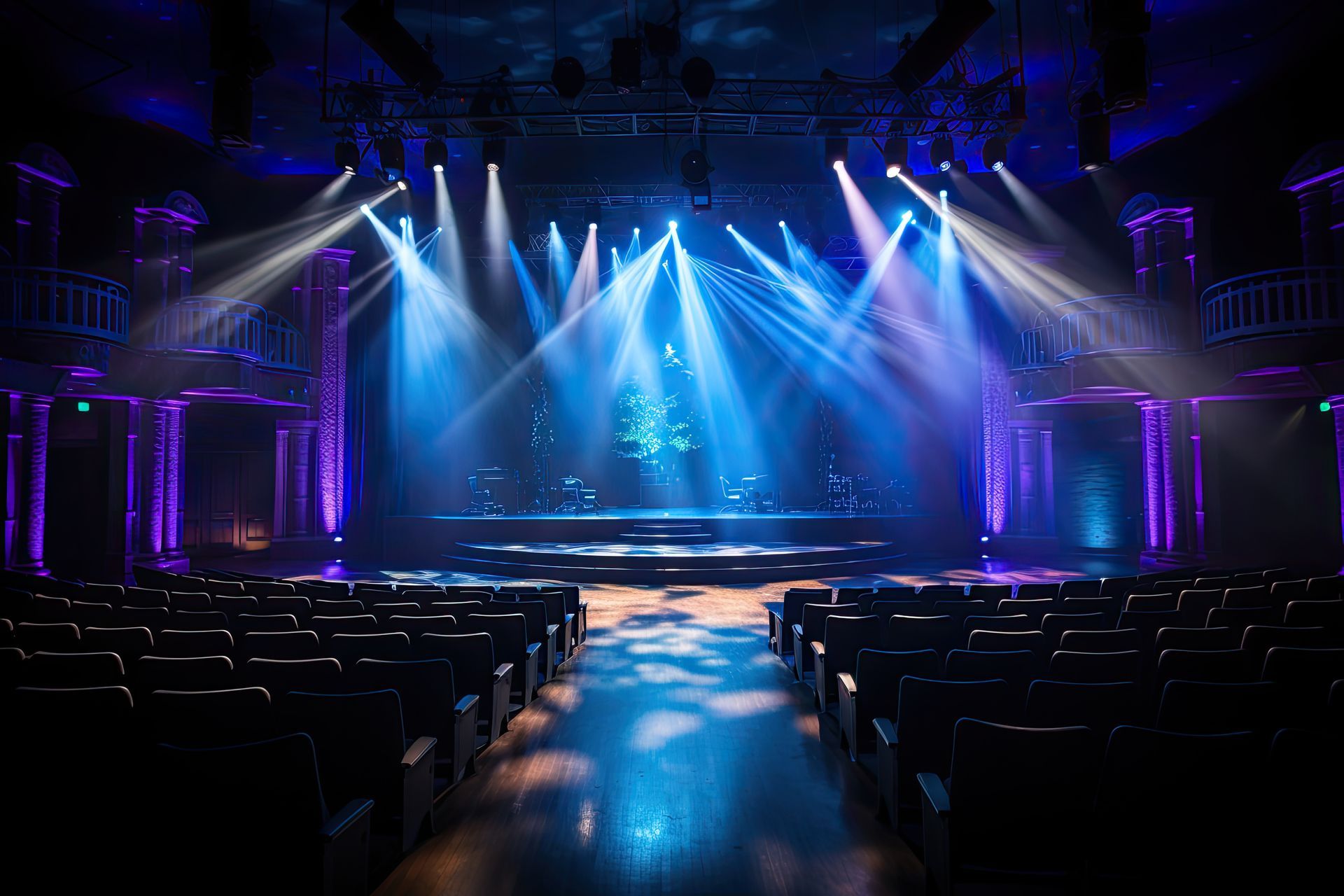 An empty auditorium with a stage lit up with blue and purple lights.