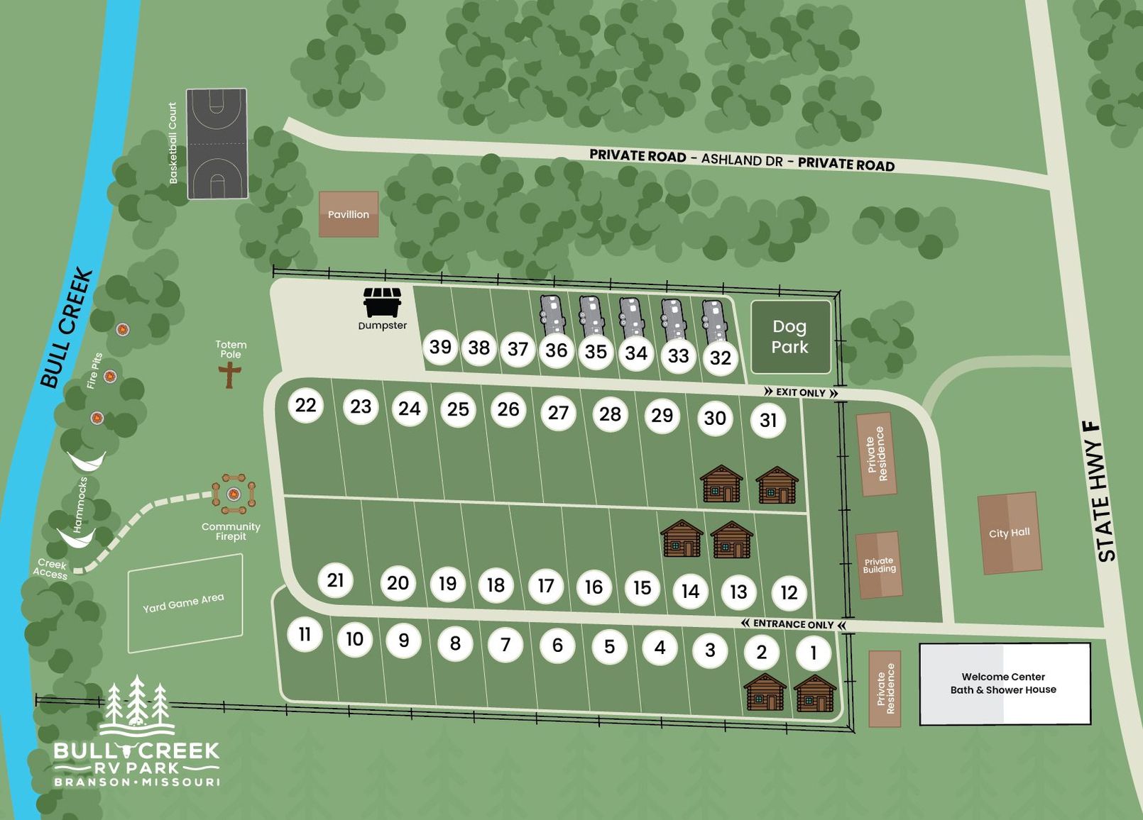 A map of a campground with a river in the background