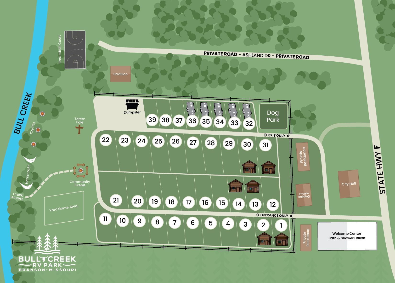 A map of a campground with a river in the background