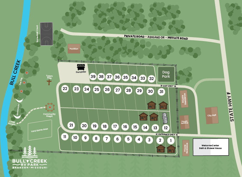 A map of a campground with a river in the background