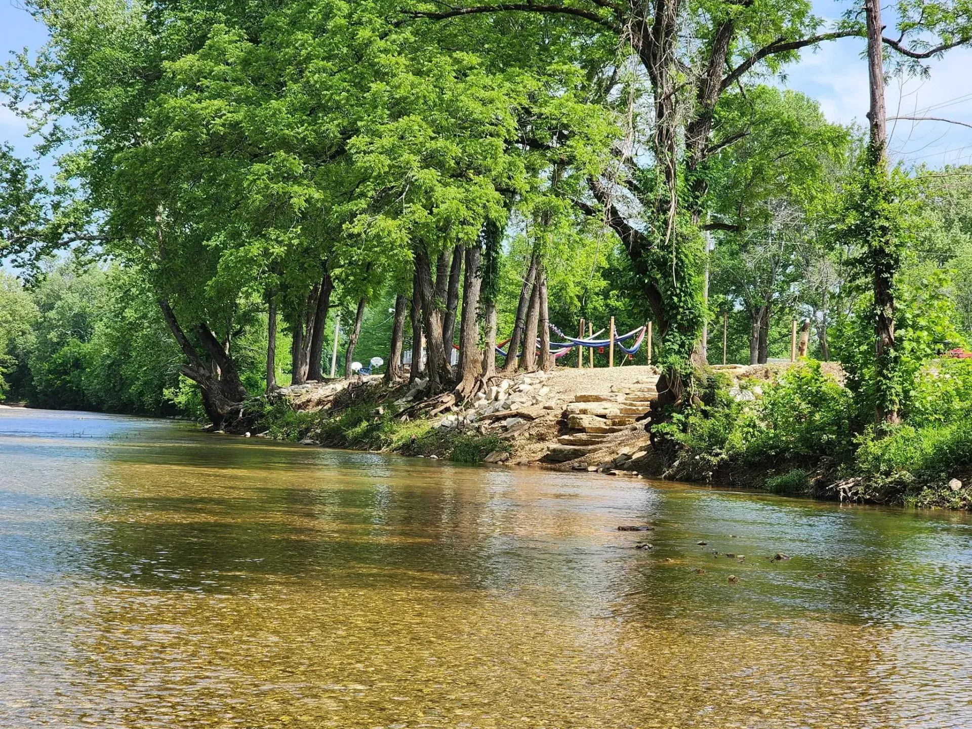 A river surrounded by trees and rocks on a sunny day.