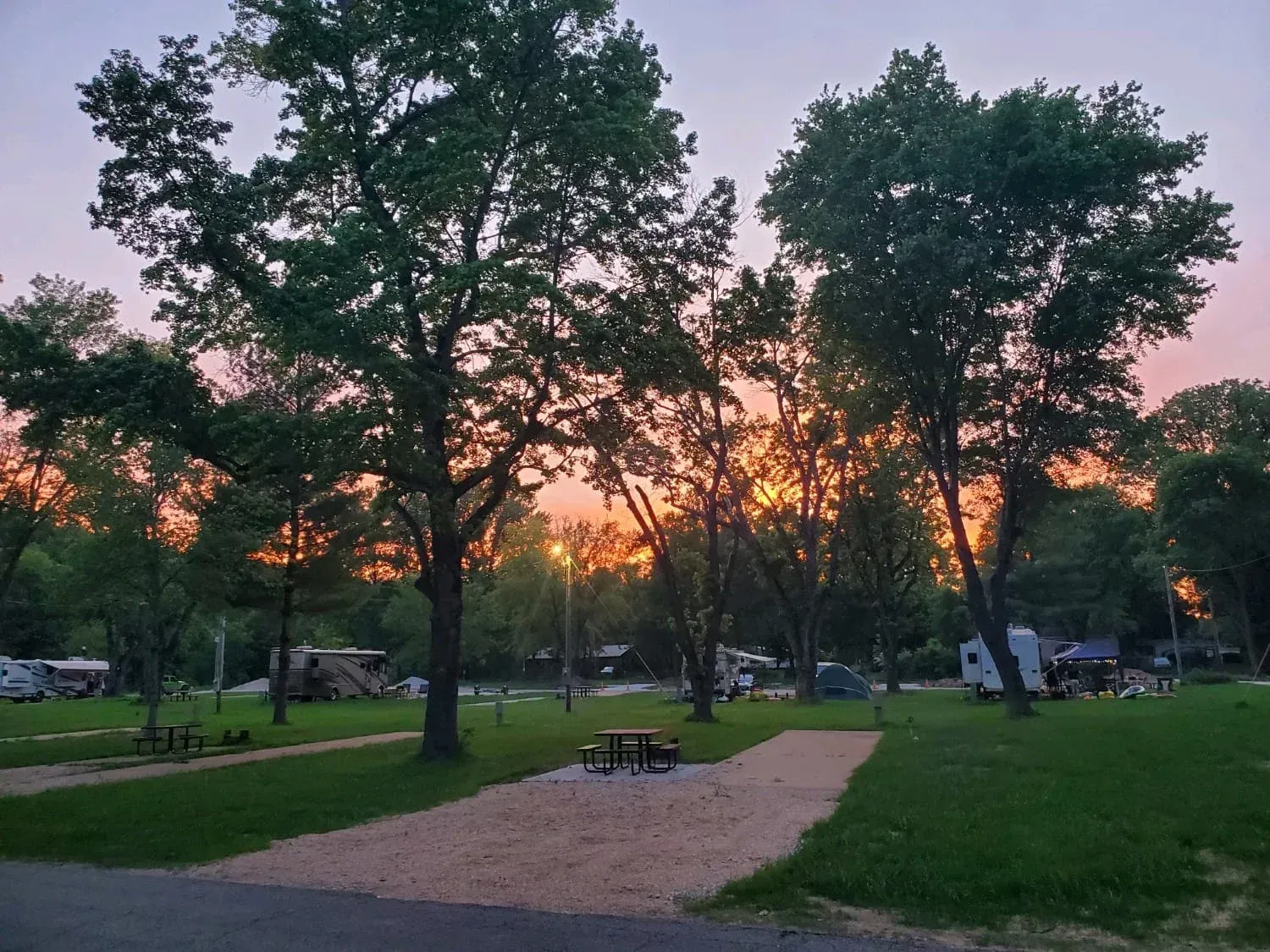 A park with trees and a picnic table at sunset