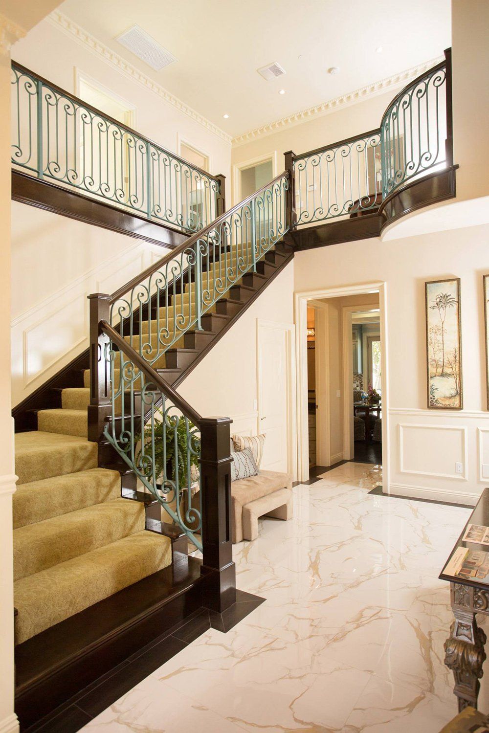 There is a staircase in the middle of the room.