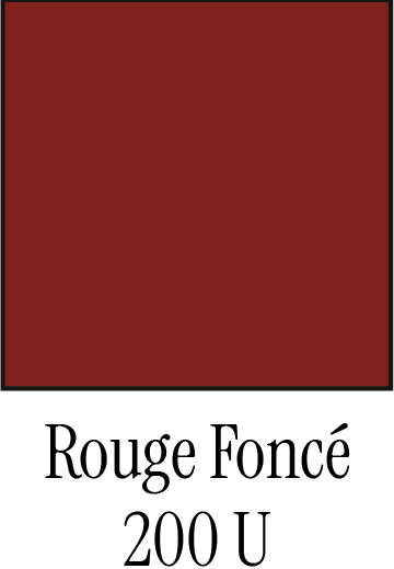 Un échantillon de couleur rouge foncé étiqueté « Rouge Foncé 200 U » se trouve sous la boîte.