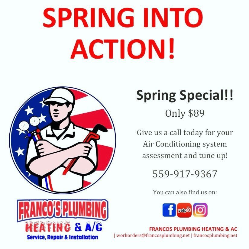 Advertisement for Franco's Plumbing: Spring AC special for $89. Includes a technician and contact info.