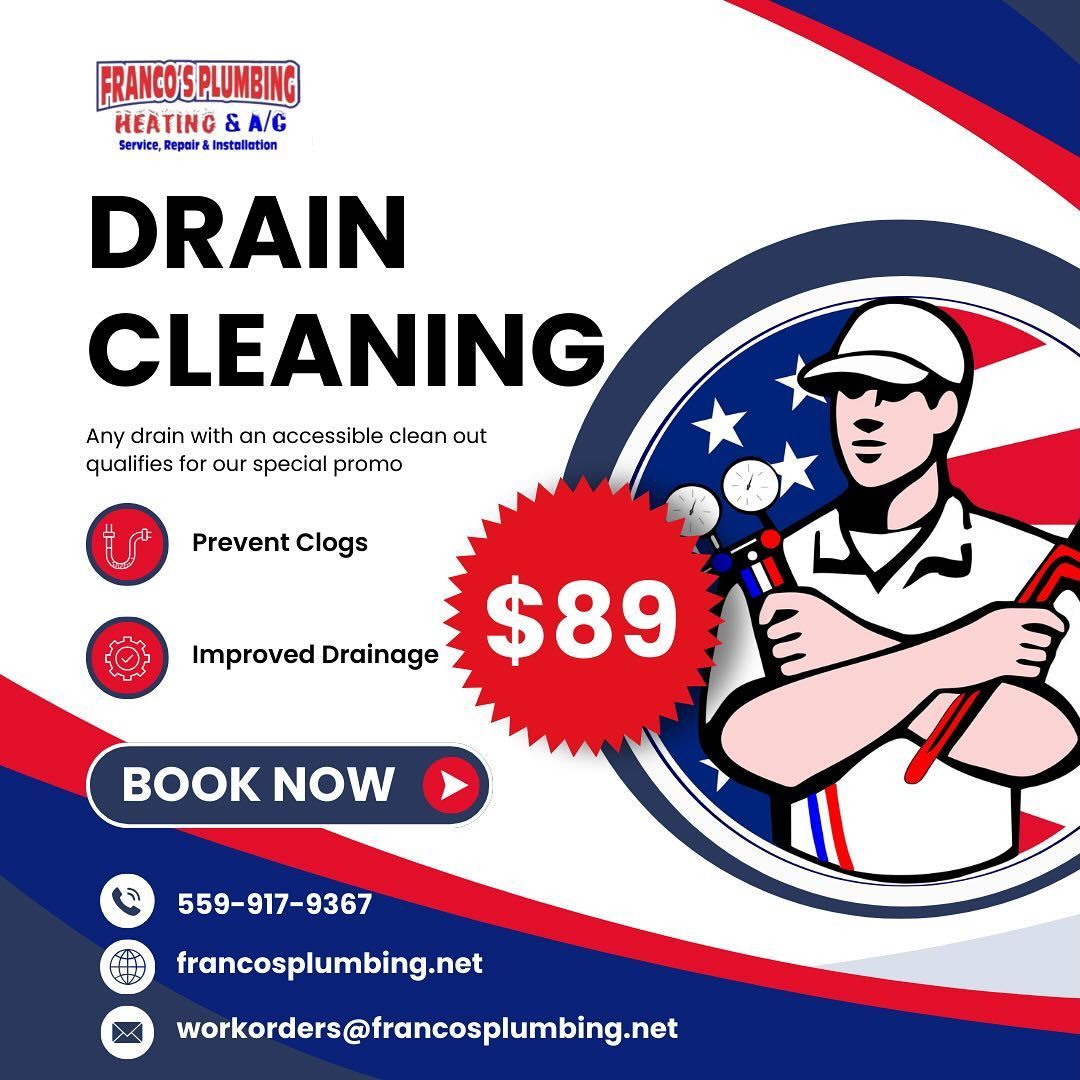 Drain cleaning advertisement: plumber, red/white/blue, $89 special.