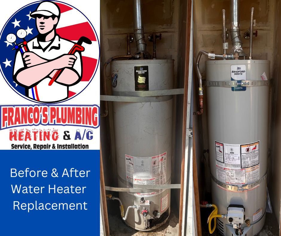 Before and after photos of water heater replacement by Franco's Plumbing.