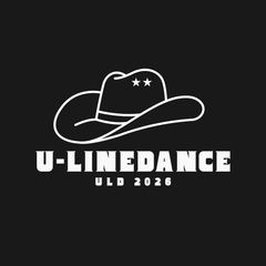Witte omtrek van een cowboyhoed boven "U-LINEDANCE" en "ULD 2026" op een zwarte achtergrond.