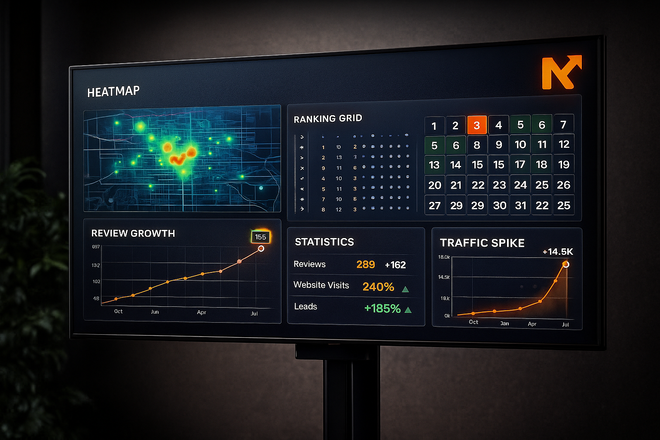 A dark screen displays data visualizations: a heatmap, calendar, line graphs, and numerical data; orange accents.