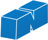 Logotip en forma de cub blau amb una 