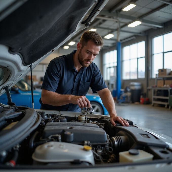 Mechanic working on a car engine in a garage.
