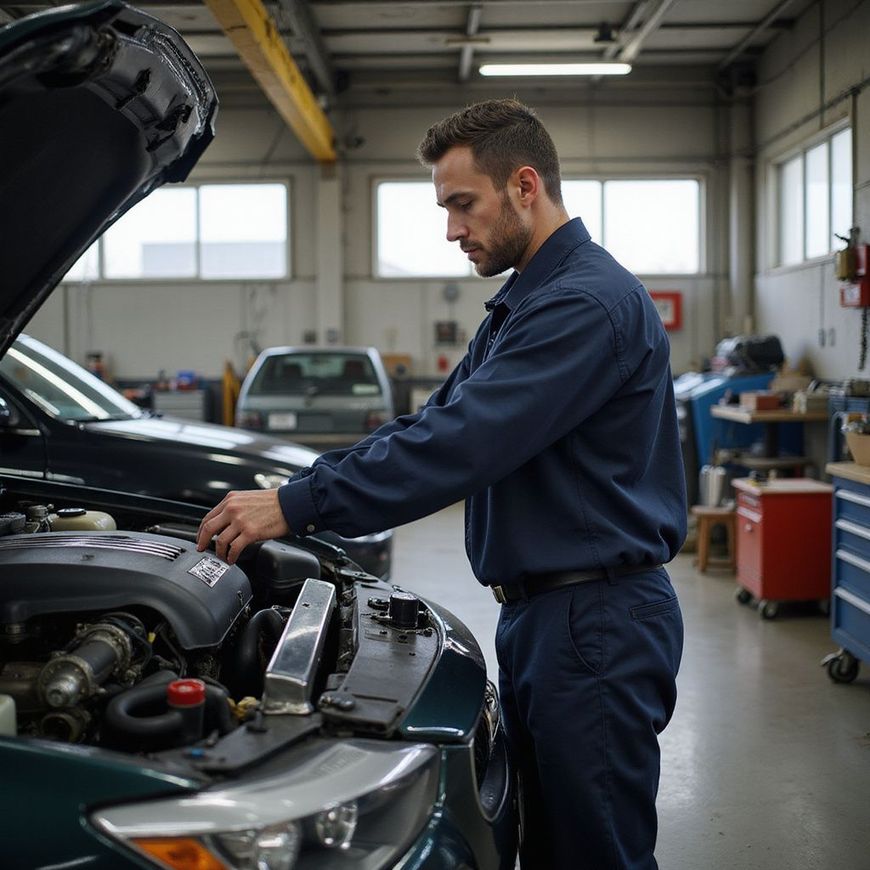 Mechanic in blue uniform inspects engine in a well-lit auto repair shop.