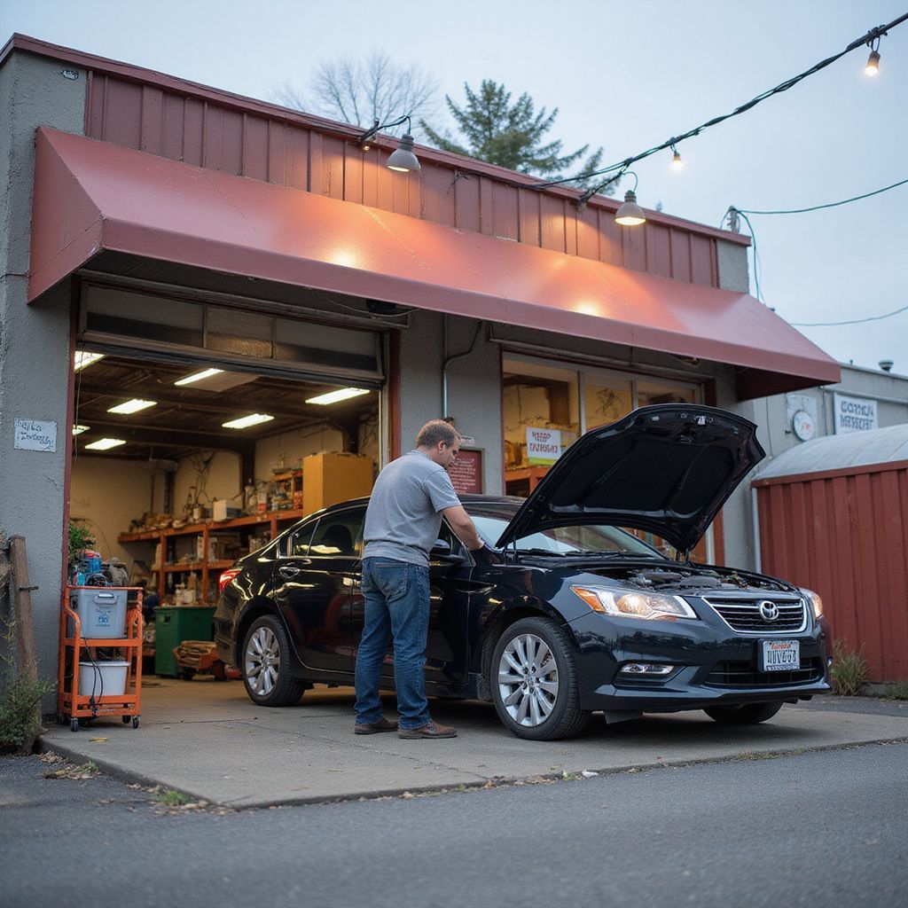 Man working on a black car in front of a garage with the hood open.