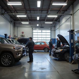 Auto repair shop with several cars, mechanics working, interior, fluorescent lighting.