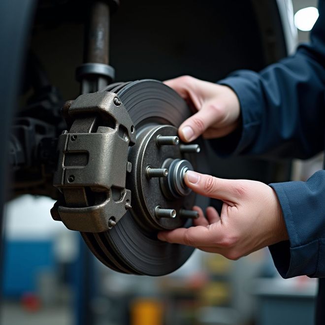 Mechanic installing a brake rotor on a vehicle, showing hands and tools.