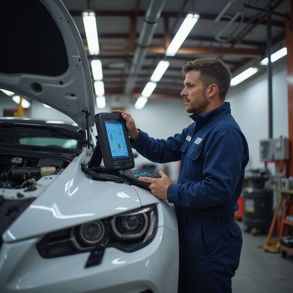 Mechanic using a diagnostic tool on a white car in a garage.
