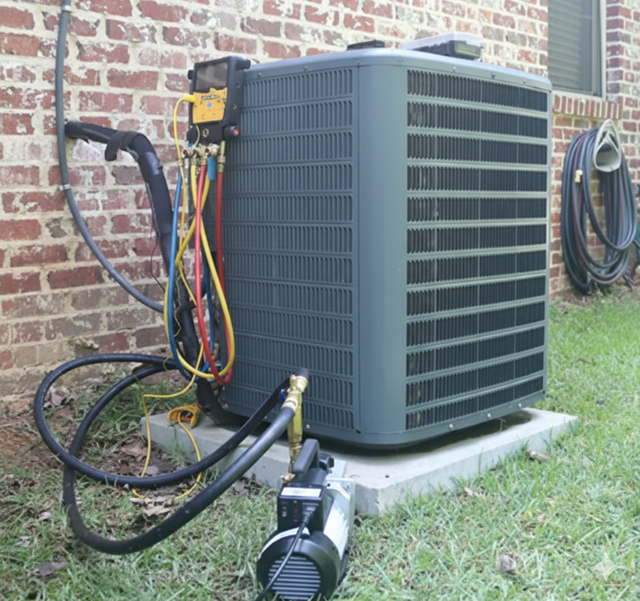 HVAC unit being serviced outdoors; hoses and gauges attached. Brick wall and grassy yard in background.