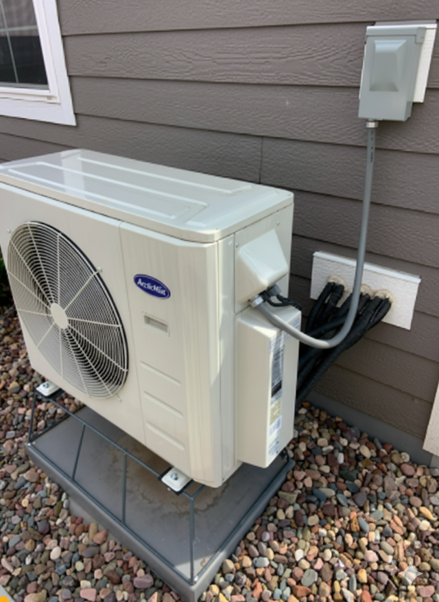 An outdoor air conditioning unit mounted on a stone base, next to a building with brown siding.