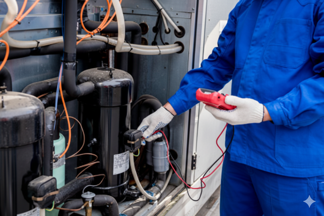 HVAC technician in blue overalls tests an air conditioning unit with a multimeter.