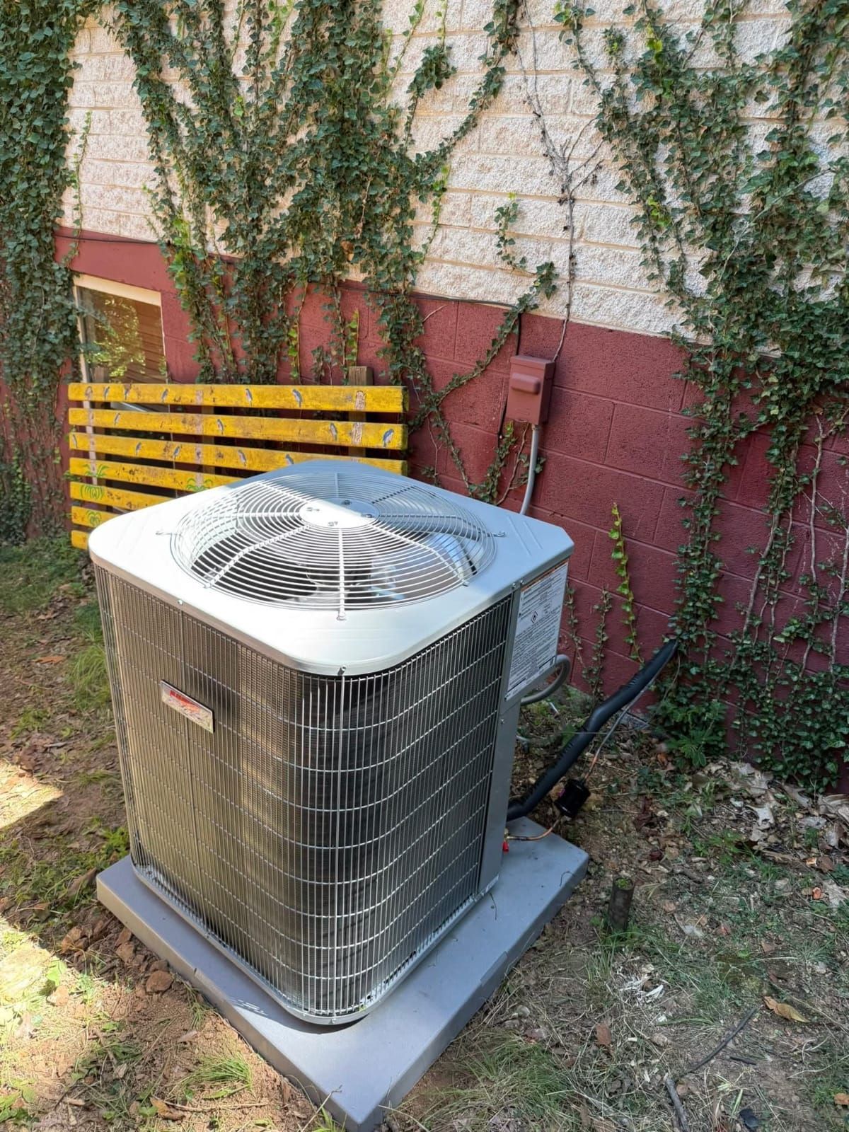 Air conditioning unit on a concrete pad with ivy-covered wall backdrop; yellow wooden pallet.